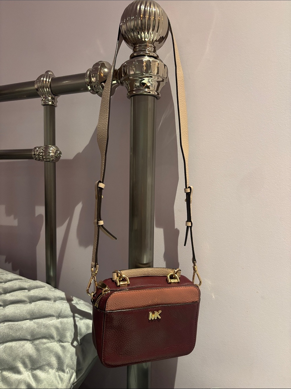 Michael Kors Two-Tone Burgundy and Tan Crossbody Camera Bag